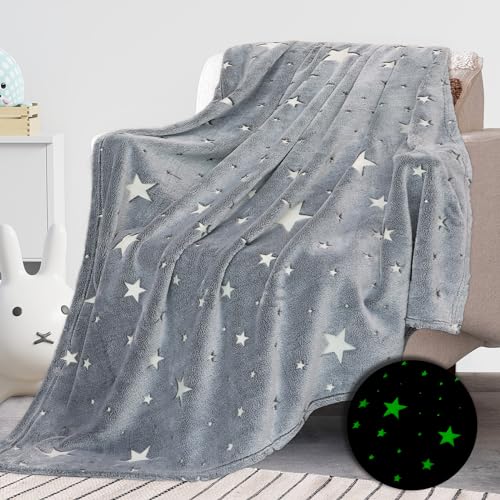 REXEO Glow in The Dark Blanket for Kids Unique Birthday Gifts for Girls Boys Teens Soft Cozy Warm Fuzzy Cute Throw Blanket All Seasons Gray Glowing Stars Blankets for Couch Sofa Bed 50"×60" - Image 1