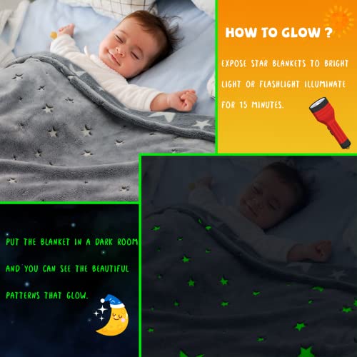 REXEO Glow in The Dark Blanket for Kids Unique Birthday Gifts for Girls Boys Teens Soft Cozy Warm Fuzzy Cute Throw Blanket All Seasons Gray Glowing Stars Blankets for Couch Sofa Bed 50"×60" - Image 3