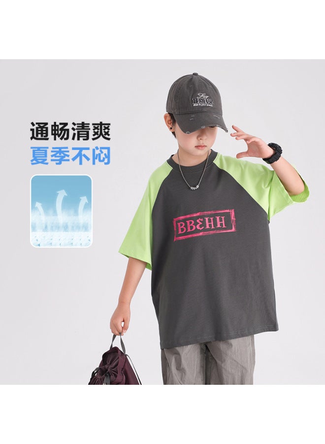 Boys' Summer Dopamine Color-blocking Pure Cotton Short-sleeve T-shirt  New Model Youth Children's Summer Half-sleeve Top