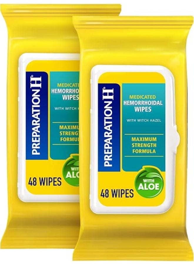 Preparation H Flushable Medicated Hemorrhoid Wipes, Maximum Strength Relief with Witch Hazel & Aloe, Pouch (2 x 48 Count, 96 Count)