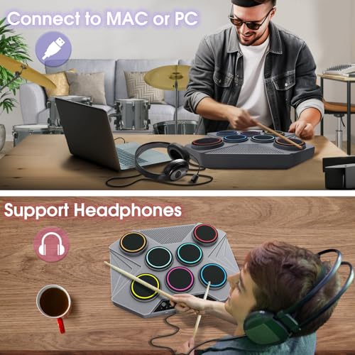 ROCKSOCKI Electronic Tabletop Drum Set, Portable Digital Drum Kit 7 Velocity Sensitivity Drum Pads, LED Music Level Light, USB-MIDI Mac & PC Support, Ideal Gift for Adult and Beginners - Image 4
