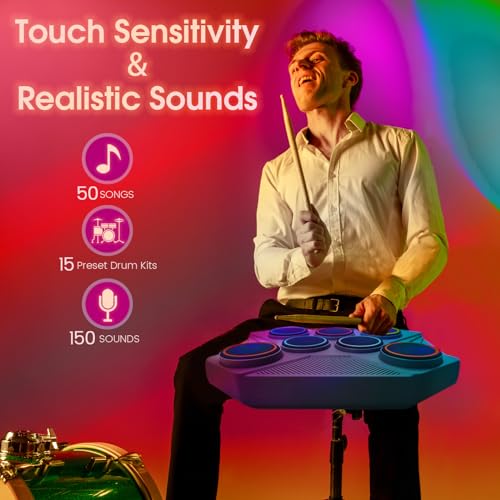 ROCKSOCKI Electronic Tabletop Drum Set, Portable Digital Drum Kit 7 Velocity Sensitivity Drum Pads, LED Music Level Light, USB-MIDI Mac & PC Support, Ideal Gift for Adult and Beginners - Image 2