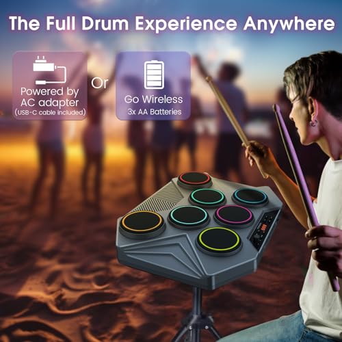ROCKSOCKI Electronic Tabletop Drum Set, Portable Digital Drum Kit 7 Velocity Sensitivity Drum Pads, LED Music Level Light, USB-MIDI Mac & PC Support, Ideal Gift for Adult and Beginners - Image 5