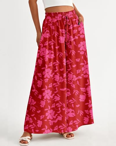 BTFBM Wide Leg Palazzo Pants for Women Casual Flowy High Waist Trousers 2025 Fall Summer Boho Beach Vacation Clothes(Print Red, X-Large) - Image 3