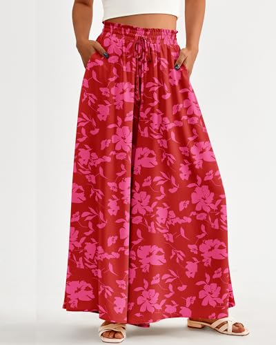 BTFBM Wide Leg Palazzo Pants for Women Casual Flowy High Waist Trousers 2025 Fall Summer Boho Beach Vacation Clothes(Print Red, X-Large) - Image 2