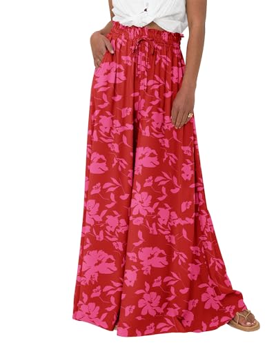 BTFBM Wide Leg Palazzo Pants for Women Casual Flowy High Waist Trousers 2025 Fall Summer Boho Beach Vacation Clothes(Print Red, X-Large) - Image 1