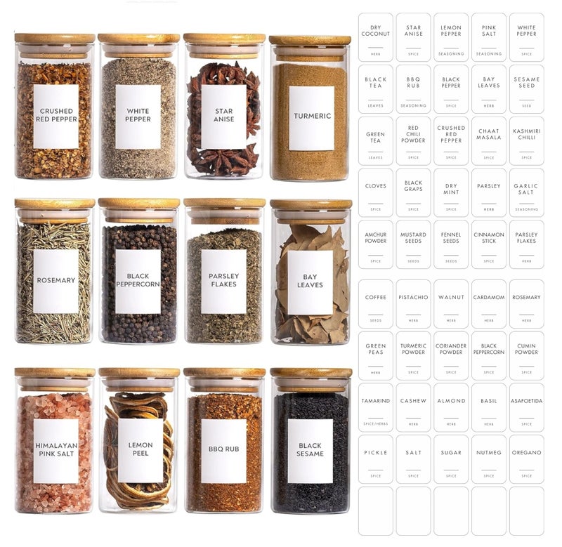 VILON 9oz(270Ml) 12Pack Spice Jars With Minimalist Spice Labels, Round Jars With Bamboo Lids, Premium Labels, Storage Container Canisters,Transparent - Image 1