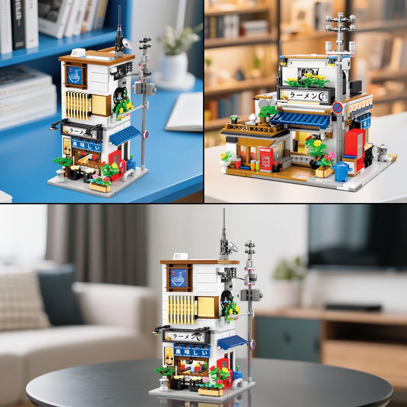 Reobrix Japanese Ramen Shop Building Blocks 66501, 2 in 1 Creative Street View House Building Kit with Light, Japanese Architecture Home Office Decor, Ideal Gifts for Boys Girls Adults 14+ - Image 5