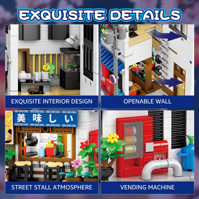 Reobrix Japanese Ramen Shop Building Blocks 66501, 2 in 1 Creative Street View House Building Kit with Light, Japanese Architecture Home Office Decor, Ideal Gifts for Boys Girls Adults 14+ - Image 3