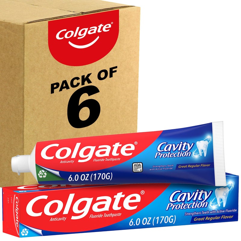 Colgate معجون أسنان كولجيت لحماية التجاويف مع الفلورايد، نكهة عادية رائعة، 6 أونصات، عبوة 6 - Image 1