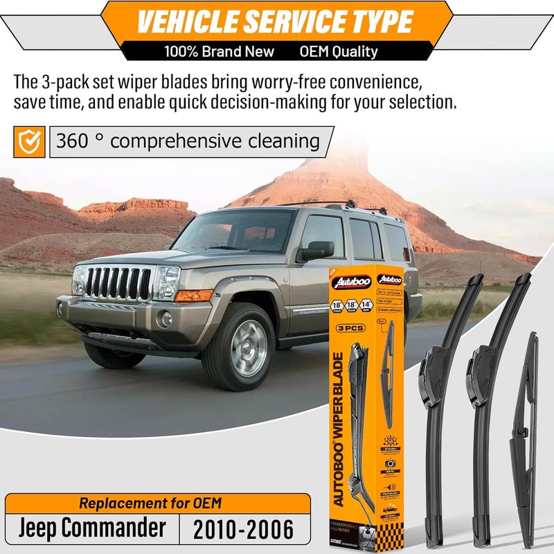 AUTOBOO 18"+18" Windshield Wipers with 14" Rear Wiper Blade Replacement for Jeep Commander 2006 2007 2008 2009 2010 -Original Factory Quality (Pack of 3) - Image 2
