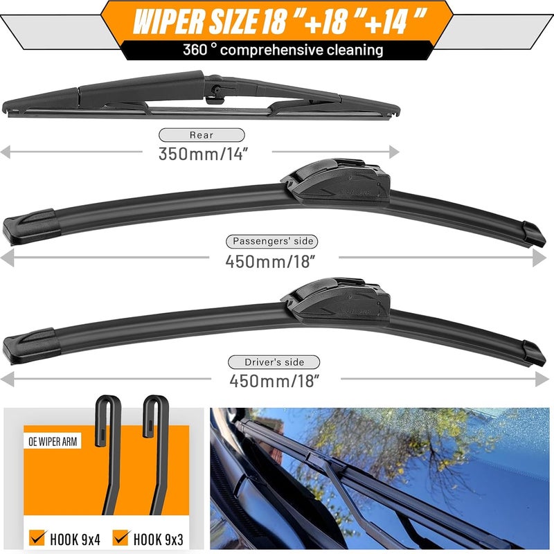 AUTOBOO 18"+18" Windshield Wipers with 14" Rear Wiper Blade Replacement for Jeep Commander 2006 2007 2008 2009 2010 -Original Factory Quality (Pack of 3) - Image 3