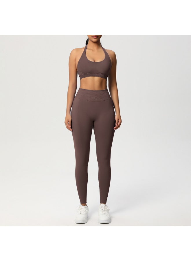Seamless Solid Color Beautiful Back Halter Sports Bra Yoga Suit Tight Running Fitness Sports Two-piece Set - Image 2