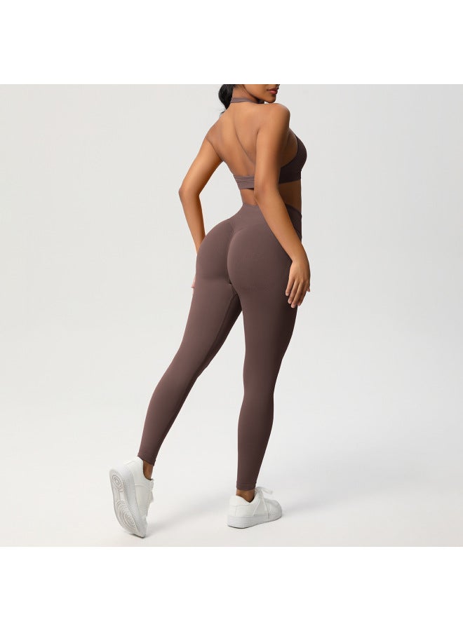 Seamless Solid Color Beautiful Back Halter Sports Bra Yoga Suit Tight Running Fitness Sports Two-piece Set - Image 4