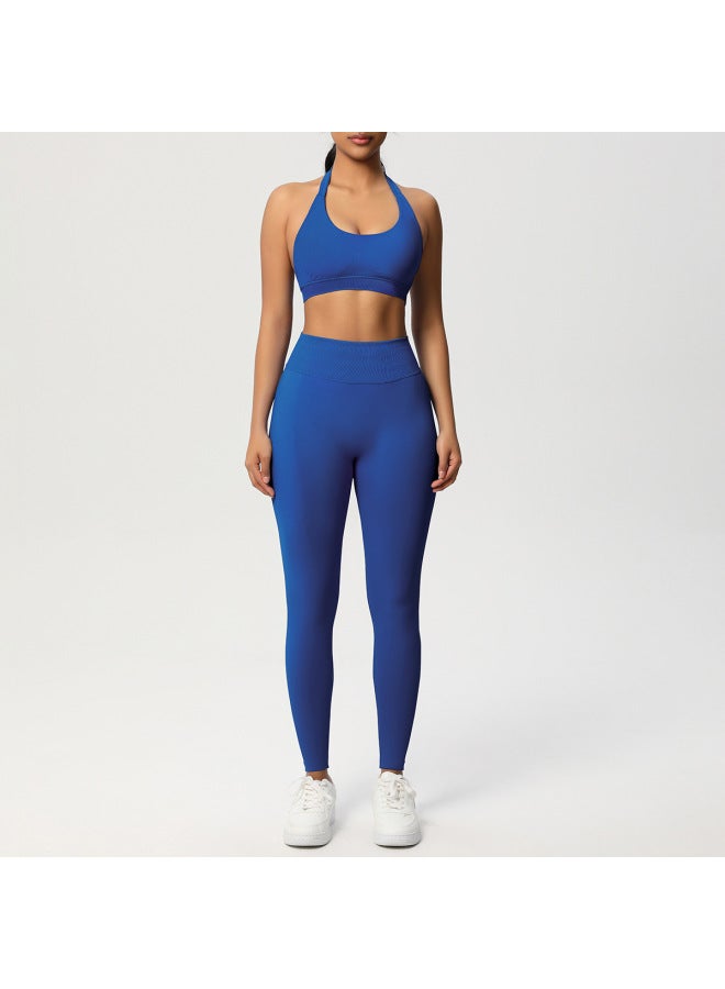 Seamless Solid Color Beautiful Back Halter Sports Bra Yoga Suit Tight Running Fitness Sports Two-piece Set - Image 1