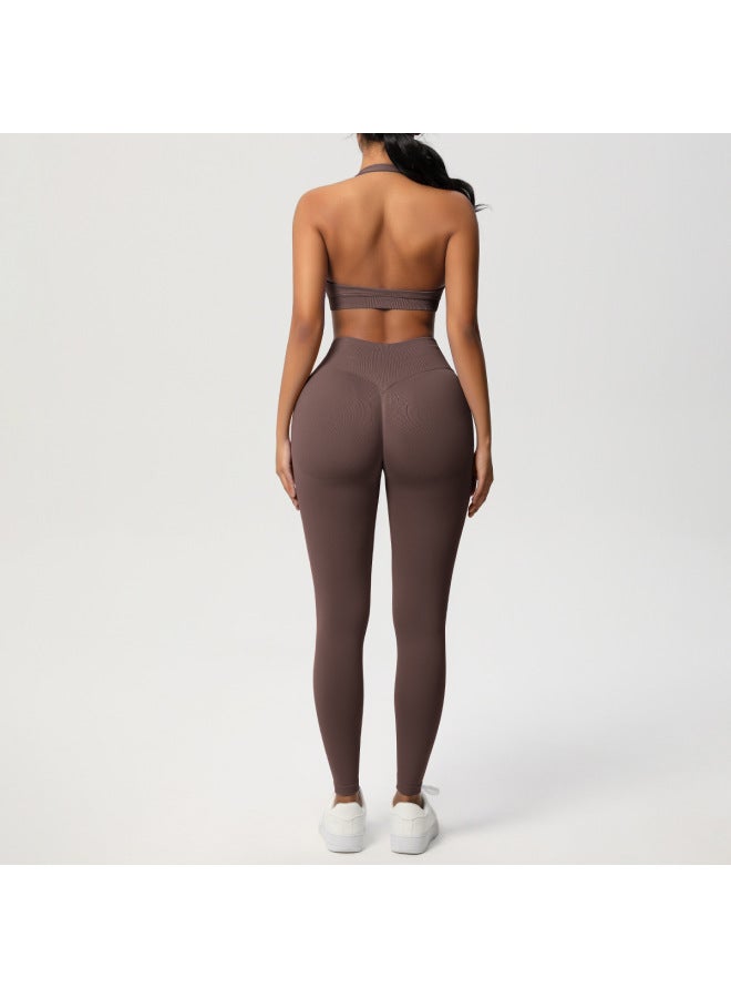 Seamless Solid Color Beautiful Back Halter Sports Bra Yoga Suit Tight Running Fitness Sports Two-piece Set - Image 3