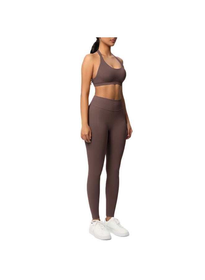 Seamless Solid Color Beautiful Back Halter Sports Bra Yoga Suit Tight Running Fitness Sports Two-piece Set - Image 5