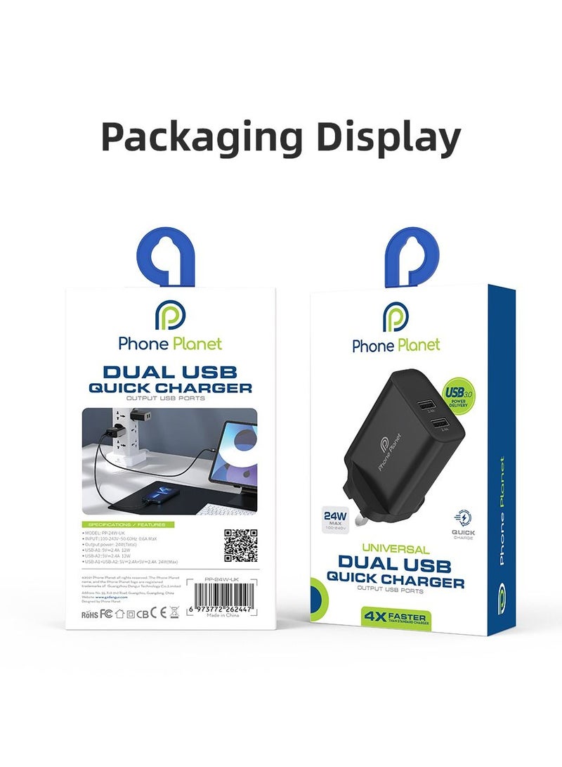 فون بلانيت شاحن جداري بمنفذي USB بقدرة 24 وات لقوة الشحن وتصميم الجودة أسود - Image 4