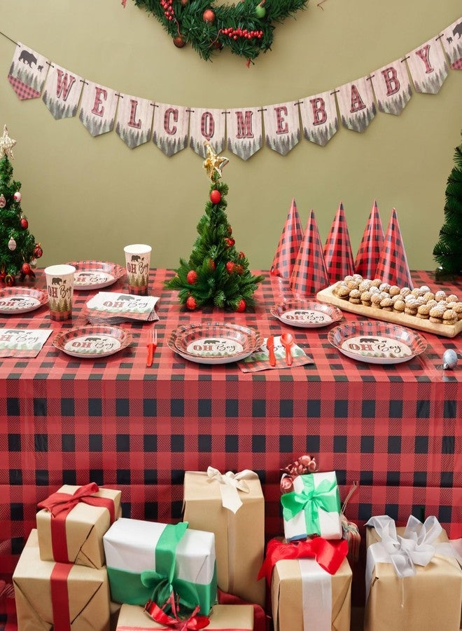 Sparkle and Bash Oh Boy Buffalo Plaid Plates & Napkins Set - 94 Piece, Red & Black Lumberjack Table Decorations - Little Lumberjack Baby Shower Theme Banner, Tablecloth, Cups & Cutlery for Boy Shower - Image 2