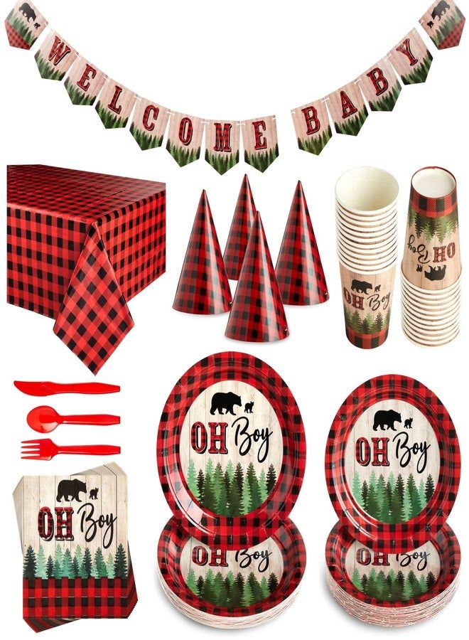Sparkle and Bash Oh Boy Buffalo Plaid Plates & Napkins Set - 94 Piece, Red & Black Lumberjack Table Decorations - Little Lumberjack Baby Shower Theme Banner, Tablecloth, Cups & Cutlery for Boy Shower - Image 1
