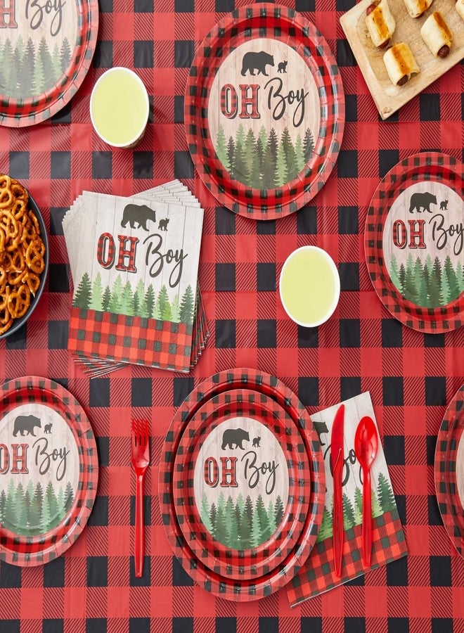 Sparkle and Bash Oh Boy Buffalo Plaid Plates & Napkins Set - 94 Piece, Red & Black Lumberjack Table Decorations - Little Lumberjack Baby Shower Theme Banner, Tablecloth, Cups & Cutlery for Boy Shower - Image 3