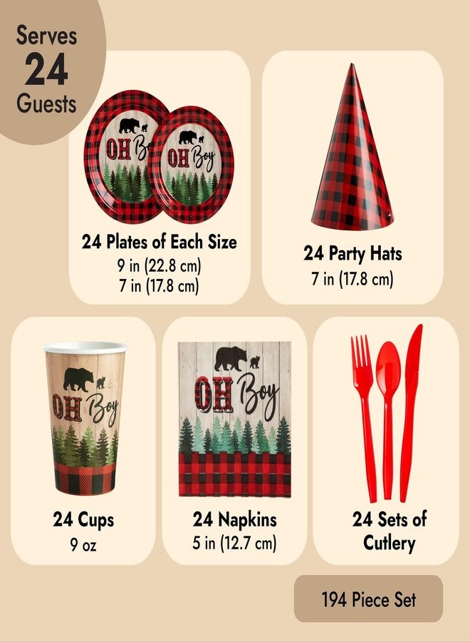 Sparkle and Bash Oh Boy Buffalo Plaid Plates & Napkins Set - 94 Piece, Red & Black Lumberjack Table Decorations - Little Lumberjack Baby Shower Theme Banner, Tablecloth, Cups & Cutlery for Boy Shower - Image 4