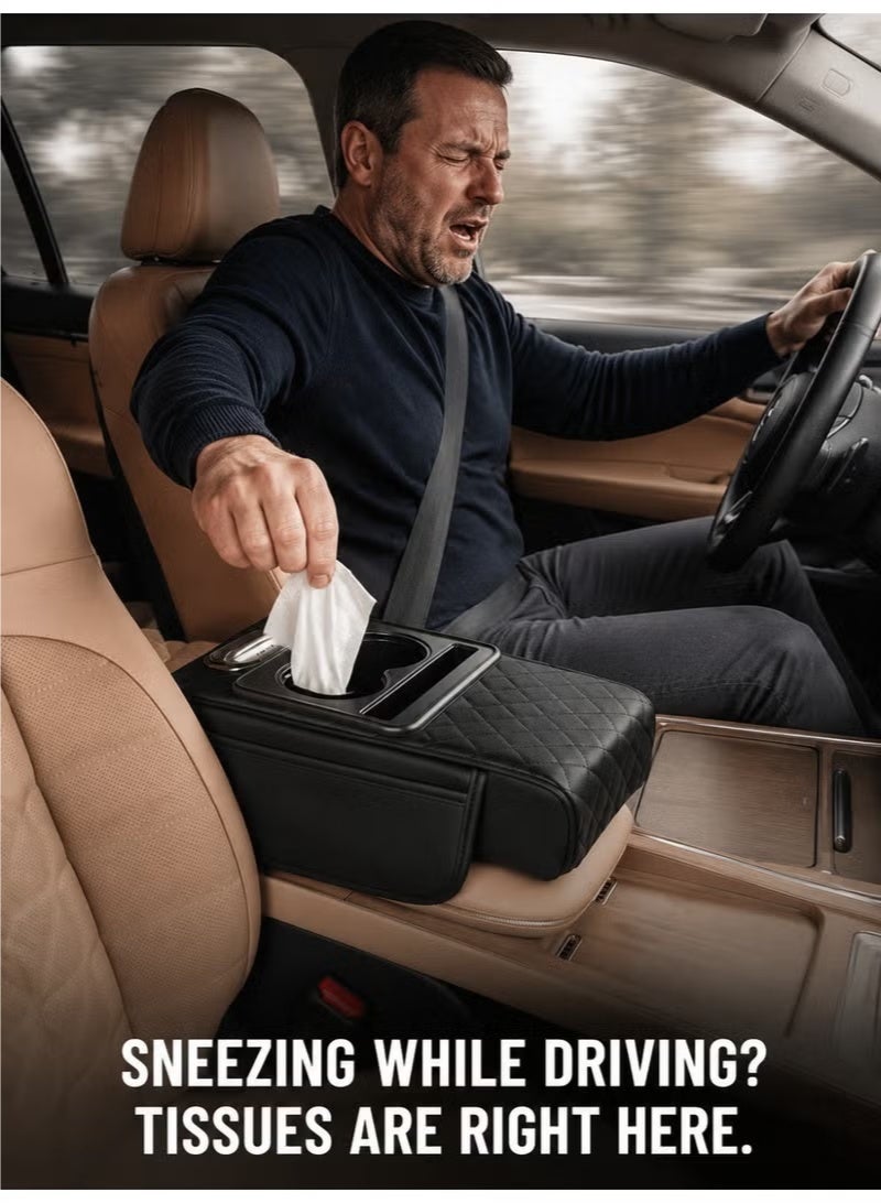4-in-1 Multifunctional Car Armrest Organizer Pad with Cup Holder, Tissue Box, Phone Slot, and Side Pocket - Elevated Center Console - Image 2