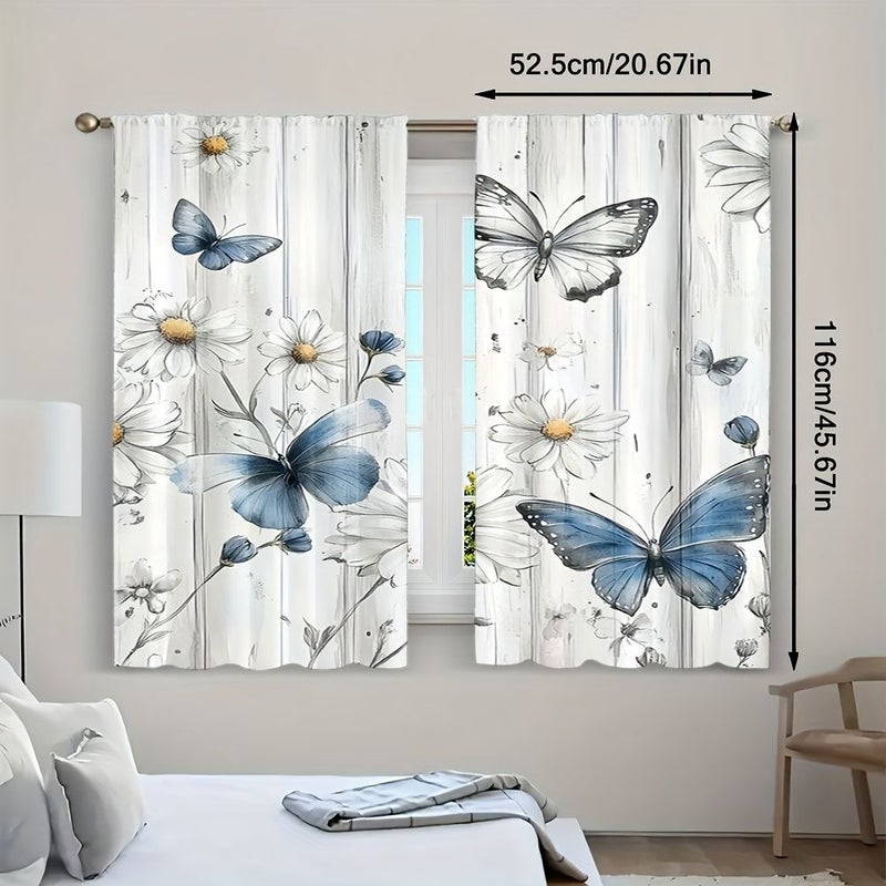 2 Blue Flowers With Butterflies Polyester Curtain For Small Windows Kitchen Bathroom Basement Cabinets Camper RV Bedroom 20 67in by 45 67in - Image 3