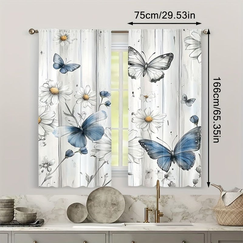 2 Blue Flowers With Butterflies Polyester Curtain For Small Windows Kitchen Bathroom Basement Cabinets Camper RV Bedroom 20 67in by 45 67in - Image 5