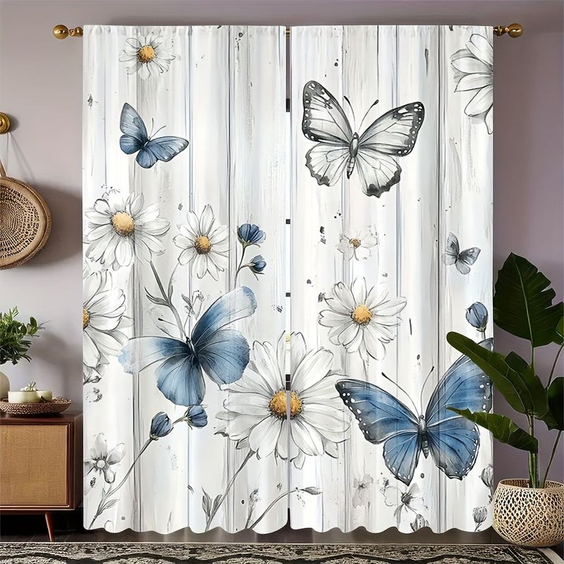 2 Blue Flowers With Butterflies Polyester Curtain For Small Windows Kitchen Bathroom Basement Cabinets Camper RV Bedroom 20 67in by 45 67in - Image 1