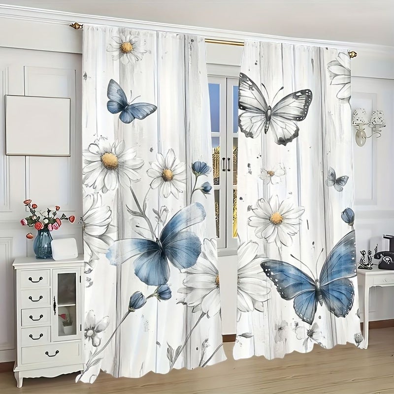 2 Blue Flowers With Butterflies Polyester Curtain For Small Windows Kitchen Bathroom Basement Cabinets Camper RV Bedroom 20 67in by 45 67in - Image 2