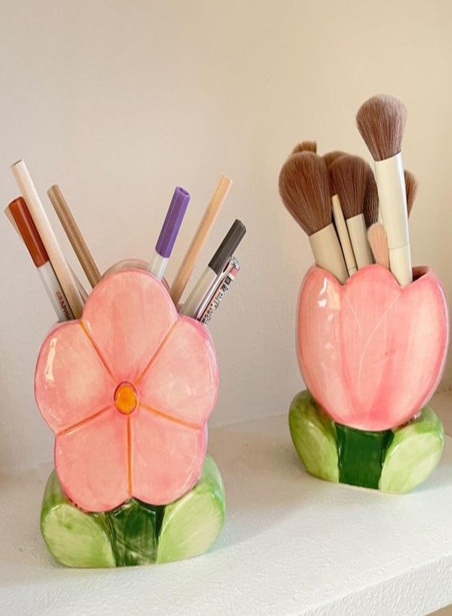 Busnos Pink Makeup Brush Holder Pen Holder for Office Desk Accessories Aesthetic Pencil Holder Cute Flower Home Decor Birthday Gifts for Women Vanity Toothbrush Holder Kawaii Kitchen Utensil Holder - Image 4