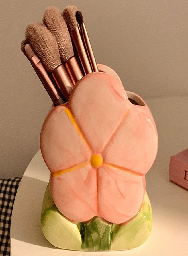 Busnos Pink Makeup Brush Holder Pen Holder for Office Desk Accessories Aesthetic Pencil Holder Cute Flower Home Decor Birthday Gifts for Women Vanity Toothbrush Holder Kawaii Kitchen Utensil Holder - Image 2