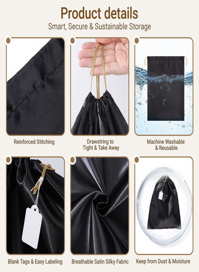 Ewen 6 Pack Small Satin Dust Bags with Blank Tags, 11.8x15.7in Reusable Dustbags for Handbags with Drawstring, Vacation Essentials Packing Bag, Black Silk Storage Pouch for Purse Jewelry Organization - Image 3