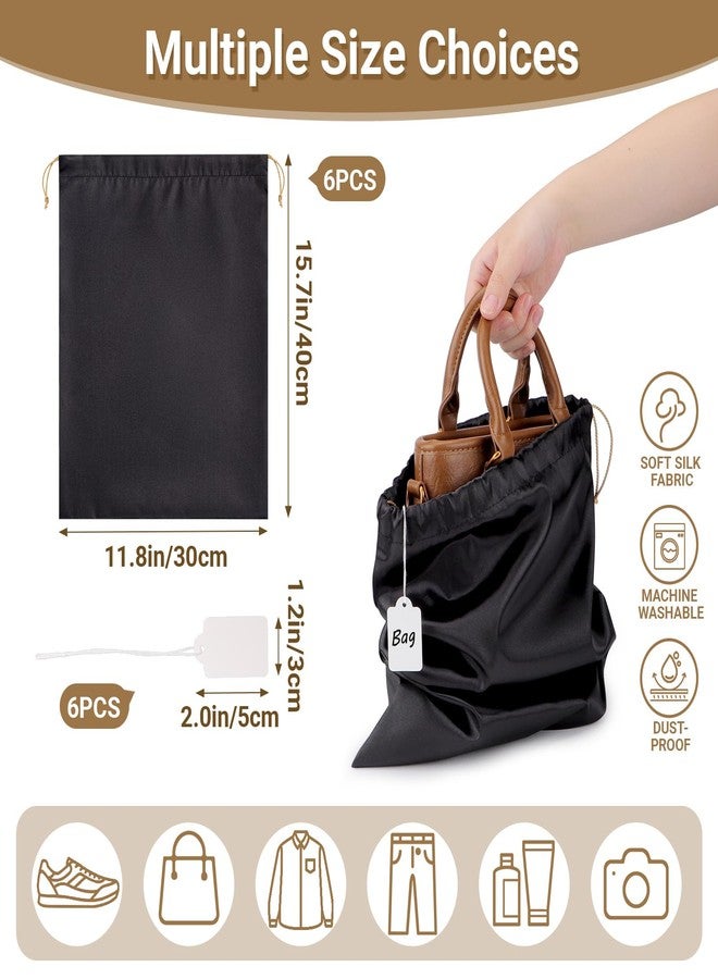 Ewen 6 Pack Small Satin Dust Bags with Blank Tags, 11.8x15.7in Reusable Dustbags for Handbags with Drawstring, Vacation Essentials Packing Bag, Black Silk Storage Pouch for Purse Jewelry Organization - Image 2