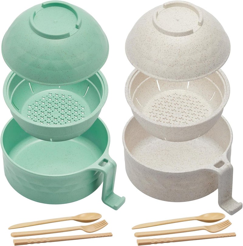 Romooa 2 Sets Microwave Ramen Bowl 33 oz Wheat Fiber Portable Instant Noodle Cooker Bowl with Handles Strainer Spoon Chopstick Fork College Dorm Room Apartment EssentialsBeige Light Green - Image 1