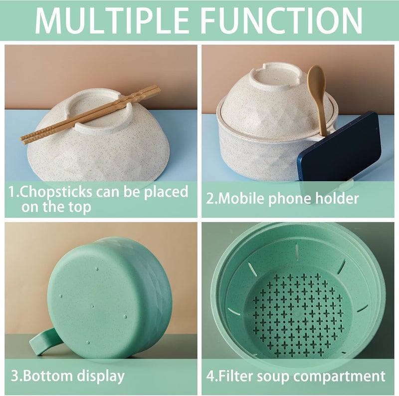 Romooa 2 Sets Microwave Ramen Bowl 33 oz Wheat Fiber Portable Instant Noodle Cooker Bowl with Handles Strainer Spoon Chopstick Fork College Dorm Room Apartment EssentialsBeige Light Green - Image 3