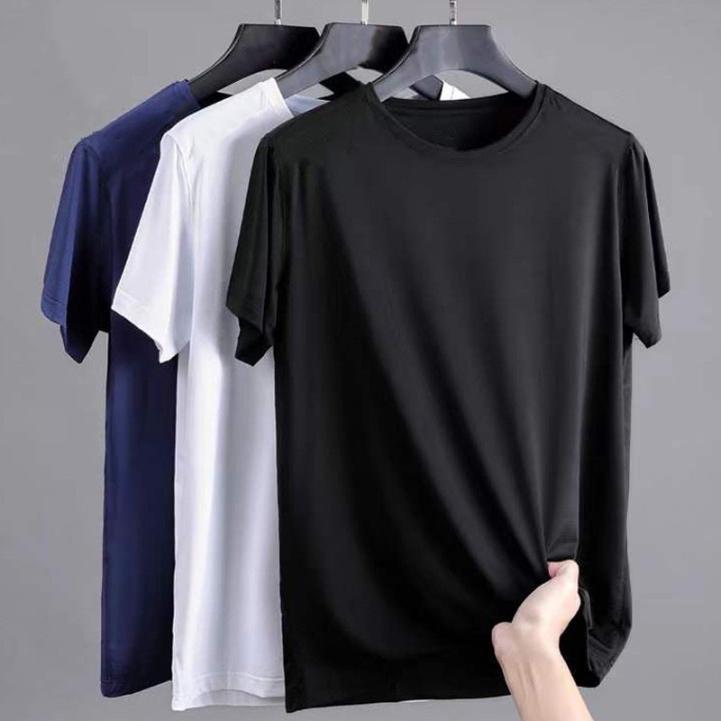 Solid Color Mesh Ice Silk T-Shirt Men'S Quick-Drying Short-Sleeved Sports T-Shirt Summer Elastic Ice Feel Breathable Trendy Elastic - Image 2