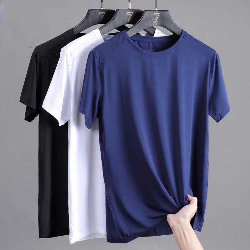Solid Color Mesh Ice Silk T-Shirt Men'S Quick-Drying Short-Sleeved Sports T-Shirt Summer Elastic Ice Feel Breathable Trendy Elastic - Image 3