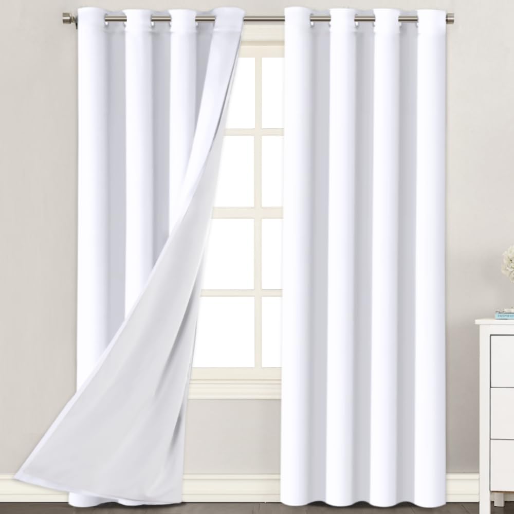 H.VERSAILTEX Blackout Curtains for Bedroom Thermal Insulated Curtains for Living Room Noise Reducing Drapes for Window Treatment, 2 Panels, 52 x 96 inch, White Front with White Liner