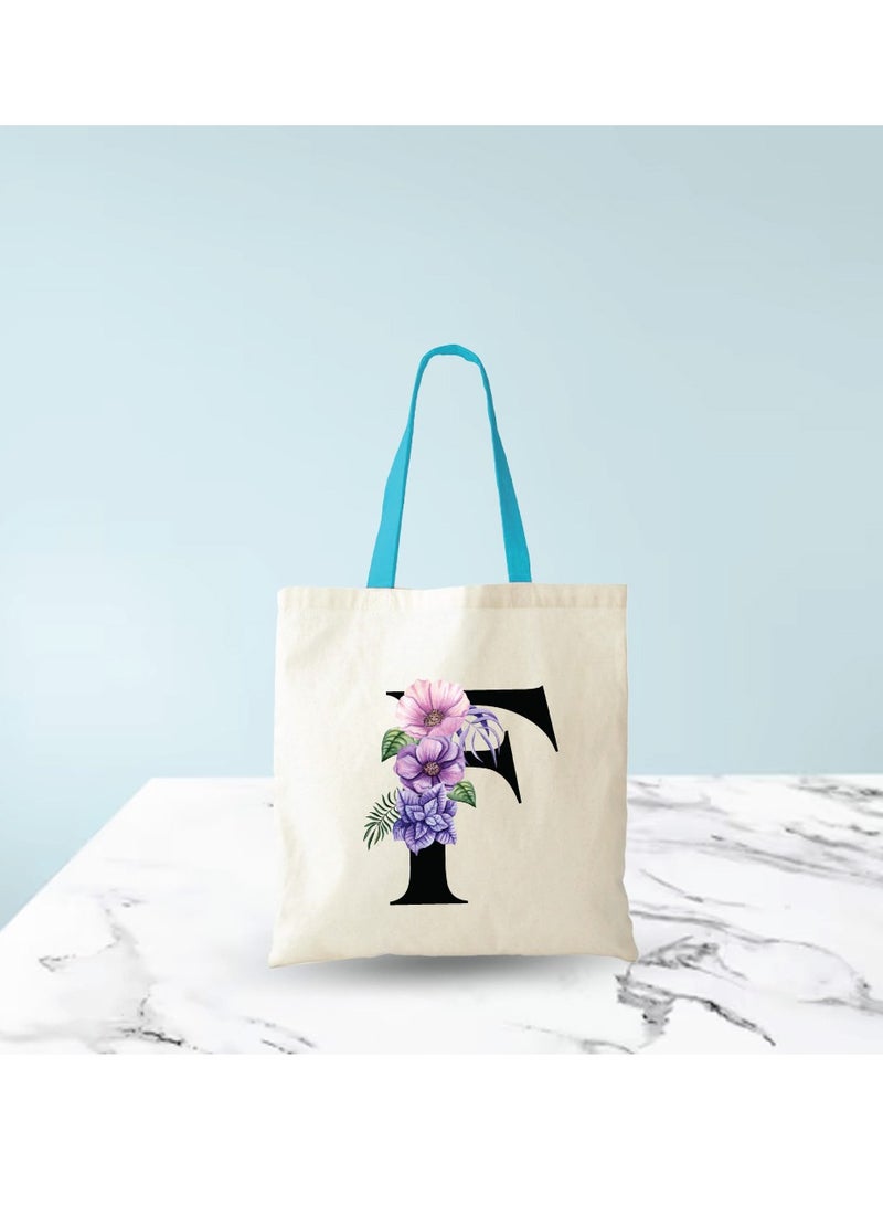 برينت شوب فور مي حقيبة حمل قطنية من القماش بأحرف أولية بمقبض أزرق-هدايا مثالية لوصيفات العروس-حقيبة الحفلات-حقائب قابلة لإعادة الاستخدام - Image 5