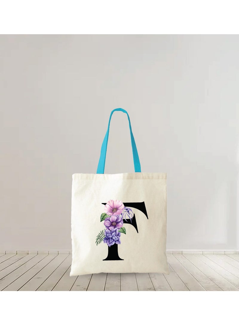 برينت شوب فور مي حقيبة حمل قطنية من القماش بأحرف أولية بمقبض أزرق-هدايا مثالية لوصيفات العروس-حقيبة الحفلات-حقائب قابلة لإعادة الاستخدام - Image 4