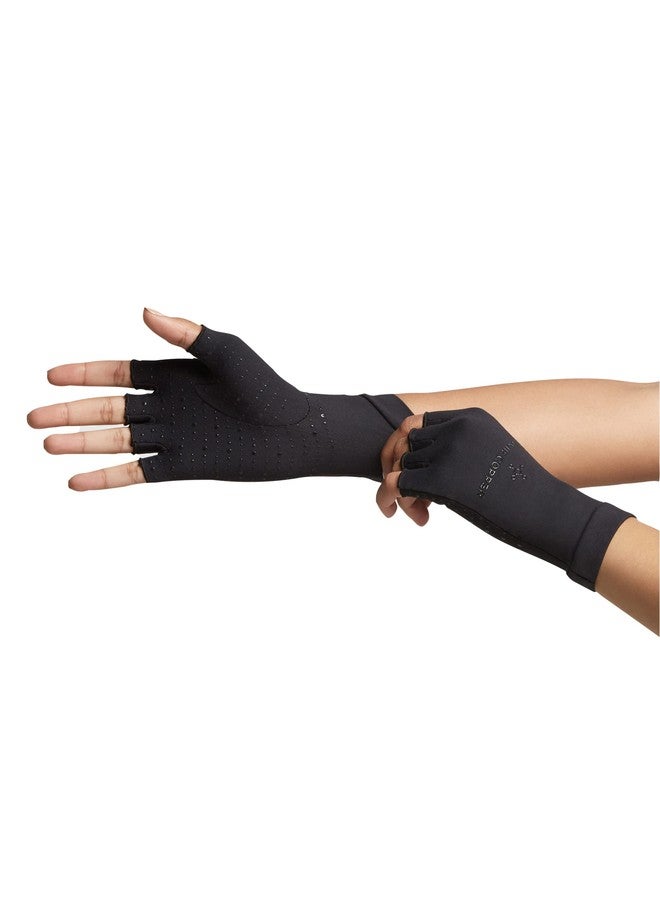Tommie Copper Core Compression Half Finger Gloves, Unisex, Men & Women, 4D Stretch, Sweat Wicking Breathable Gloves for Hand Stiffness, Swelling & Joint Support - Black - Large - Image 1