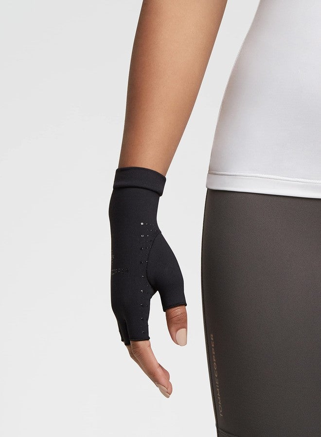 Tommie Copper Core Compression Half Finger Gloves, Unisex, Men & Women, 4D Stretch, Sweat Wicking Breathable Gloves for Hand Stiffness, Swelling & Joint Support - Black - Large - Image 2