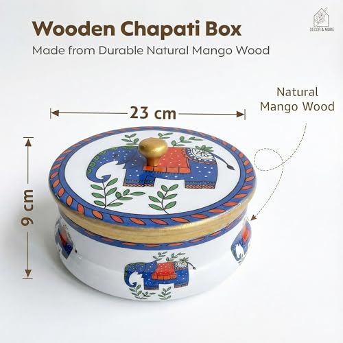 Decor & More Handcrafted Mango Wood Chapati Box | Printed Wooden Casserole for Roti Storage | 9 x 9 x 2.5 Inch Traditional Kitchen Box (Elephant Print) - Image 2
