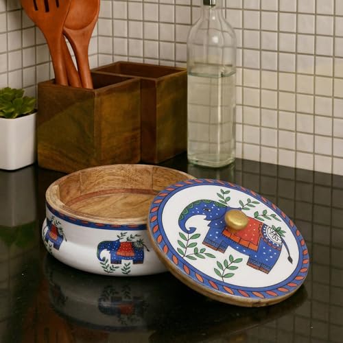 Decor & More Handcrafted Mango Wood Chapati Box | Printed Wooden Casserole for Roti Storage | 9 x 9 x 2.5 Inch Traditional Kitchen Box (Elephant Print) - Image 1
