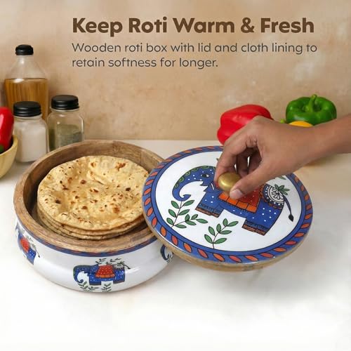 Decor & More Handcrafted Mango Wood Chapati Box | Printed Wooden Casserole for Roti Storage | 9 x 9 x 2.5 Inch Traditional Kitchen Box (Elephant Print) - Image 4