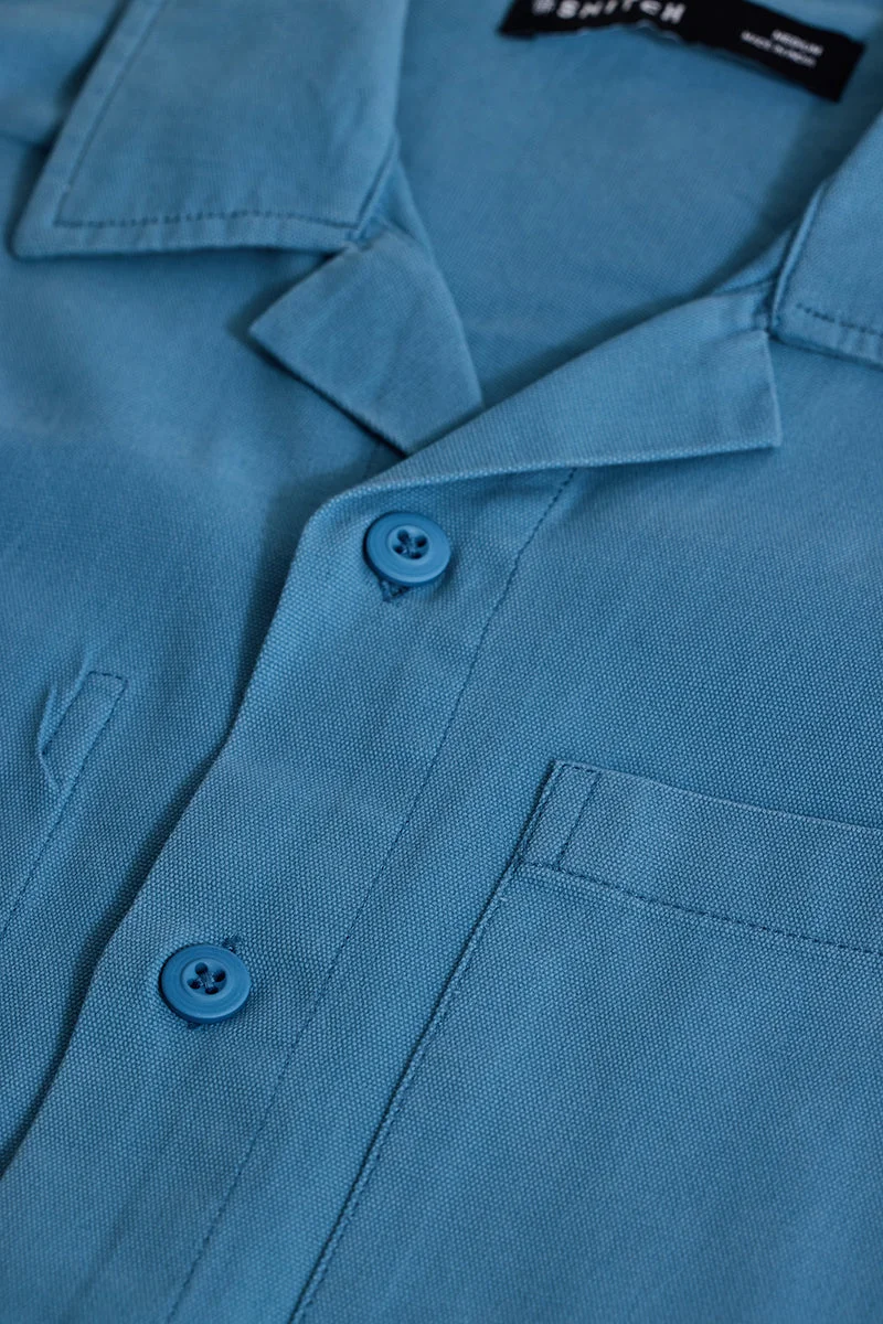 سنيتش Blue Solid Long Sleeve Relaxed Casual Overshirt