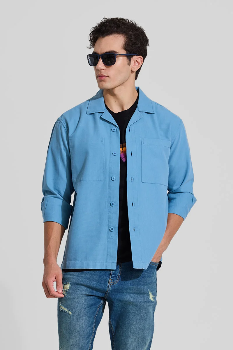 سنيتش Blue Solid Long Sleeve Relaxed Casual Overshirt
