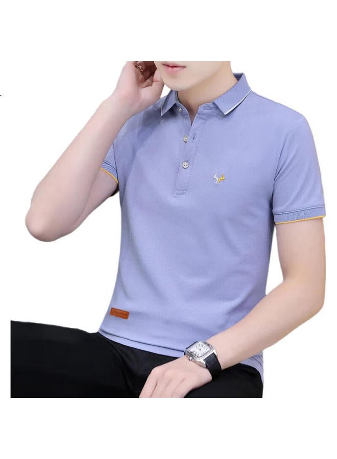 PLAYBOY Men'S Short Sleeve T-Shirt Summer Polo Undershirt Men'S Business Casual Turn-Down Collar Trendy Half Sleeve Men'S Clothing Light Blue Xl - Image 1